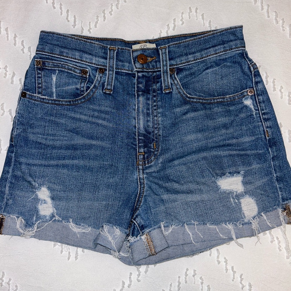 J. Crew Denim women’s folded hem distressed mid rise jean shorts size 24